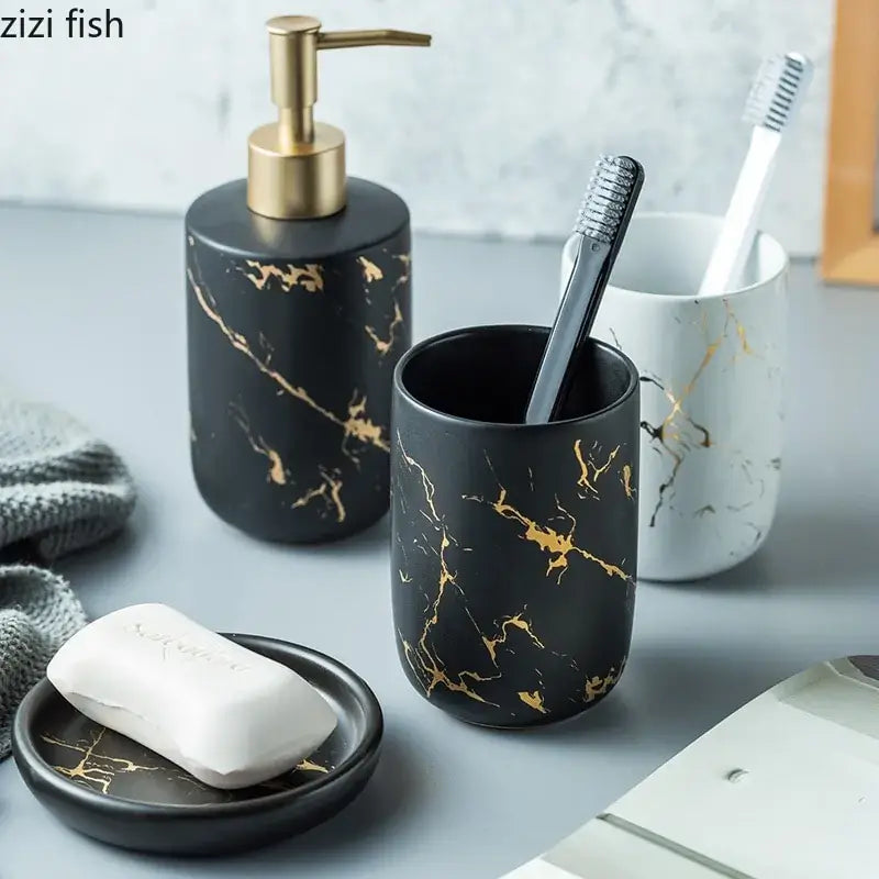 Nordic Matte Bathroom Accessories Set Elevate your bathroom into a sanctuary of opulence with our Nordic Matte Gold Ceramics Bathroom Accessories Set. Imbued with a touch of Scandinavian charm, this exquisite ensemble exudes sophistication while seamlessl