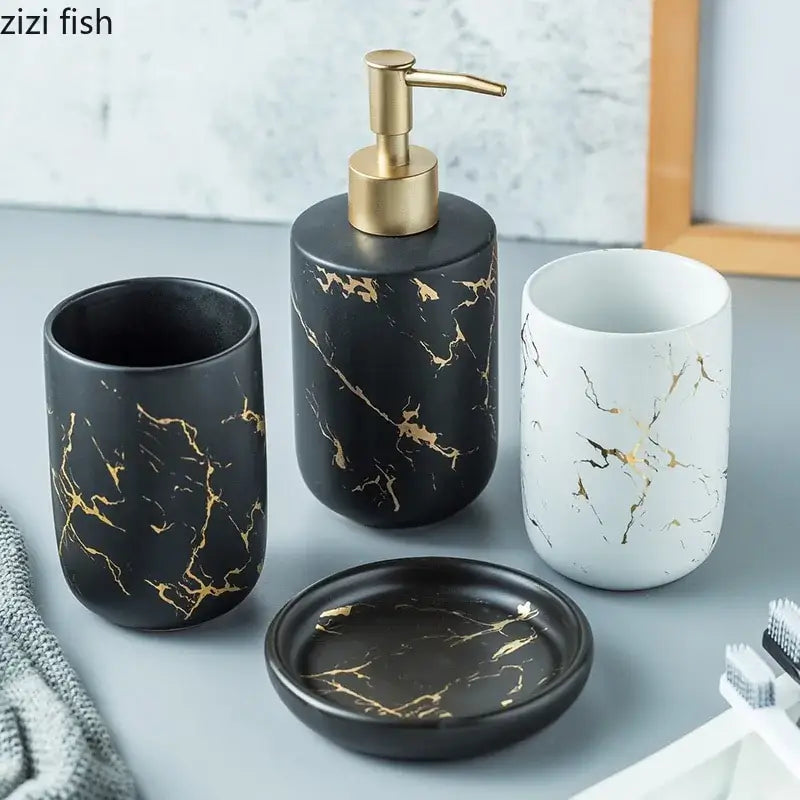 Nordic Matte Bathroom Accessories Set Elevate your bathroom into a sanctuary of opulence with our Nordic Matte Gold Ceramics Bathroom Accessories Set. Imbued with a touch of Scandinavian charm, this exquisite ensemble exudes sophistication while seamlessl