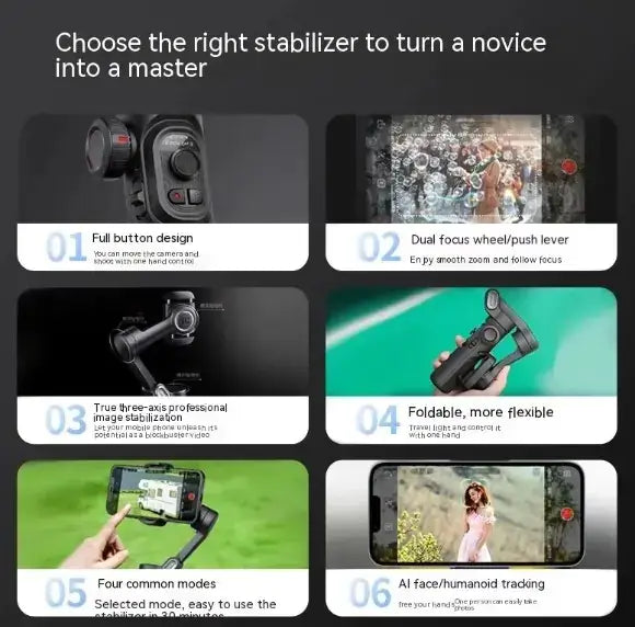 Phone Stabilizer Selfie Stick Description:Elevate your content creation with our Mobile Phone Stabilizer, designed to deliver smooth, professional-quality videos and photos. Featuring advanced three-axis anti-shake technology, this gimbal ensures that eve