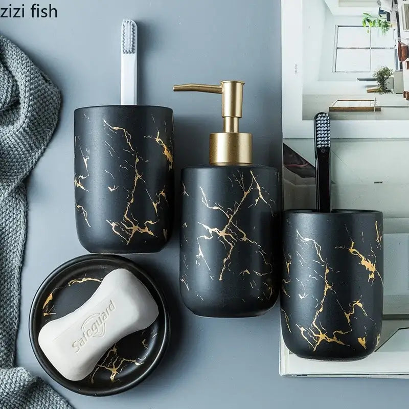 Nordic Matte Bathroom Accessories Set Elevate your bathroom into a sanctuary of opulence with our Nordic Matte Gold Ceramics Bathroom Accessories Set. Imbued with a touch of Scandinavian charm, this exquisite ensemble exudes sophistication while seamlessl